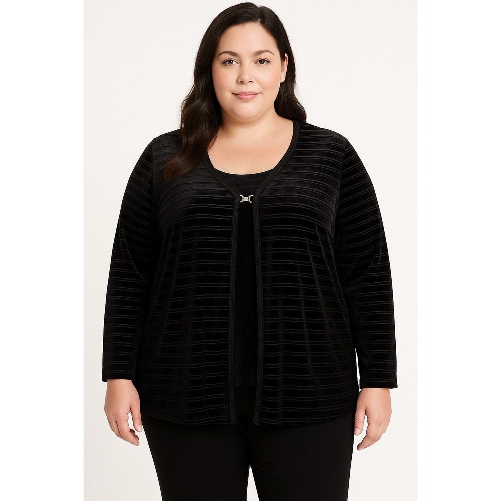 Sun Fire Womens Black Velvet Stripe Blouse Cardigan Top Layered Look‎ 2X USA